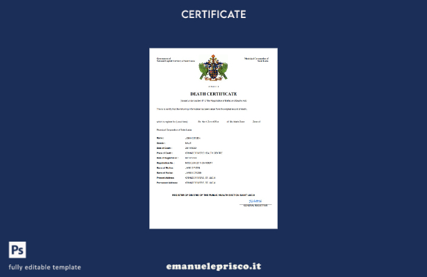 certificato di morte di Santa Lucia in stile verificato modello Word e PDF